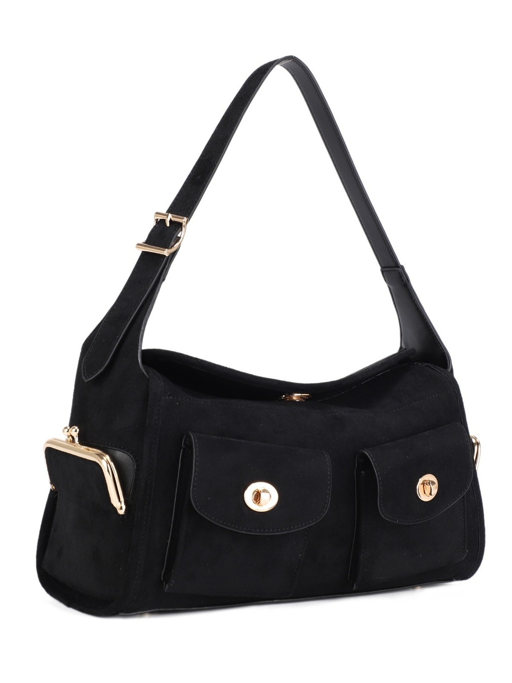 Black Suede Shoulder Bag with Gold Hardware